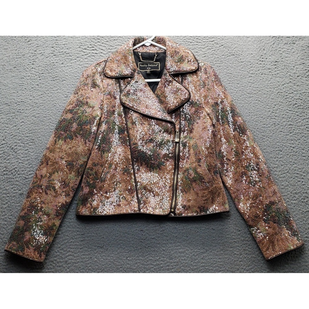 Kathy Ireland Biker Jacket Womens XS Multi Sequin Long Sleeve Asymmetrical Zip